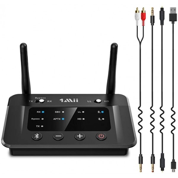 1Mii Receptor transmisor Bluetooth 5.3 para TV a auriculares inalámbricos,  doble enlace AptX adaptativo/baja latencia/audio HD, adaptador auxiliar